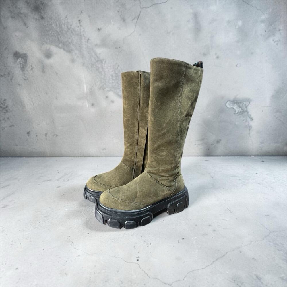 Farm Rio Army Green Suede Tall Shaft Boots featuring a chunky lug soleUS 7 EU 38